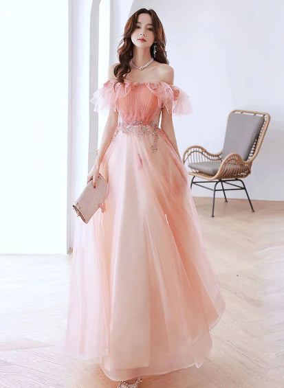 Pink A-line Tulle Off Shoulder Beaded Prom Dress